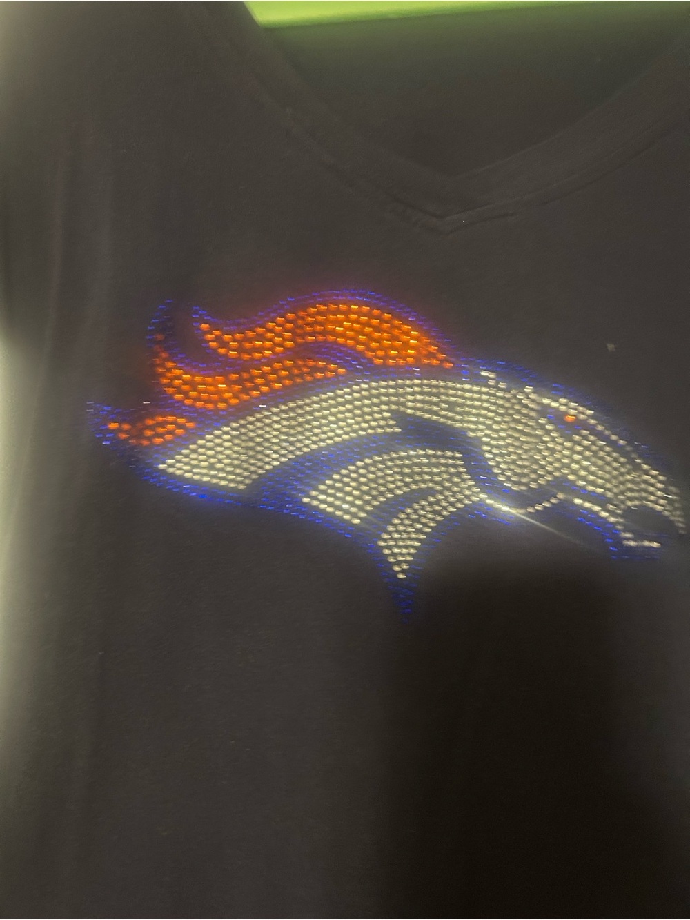 Denver Broncos Rhinestone V-Neck T-Shirt - Navy Blue with Orange & Blue Accents